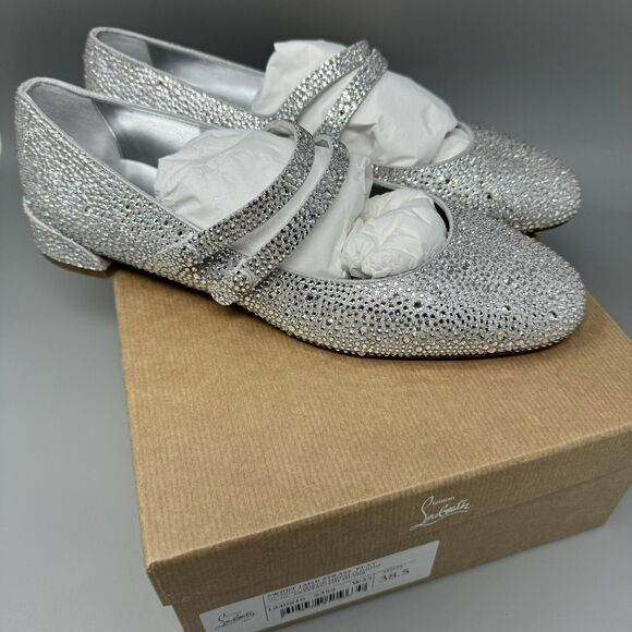 CHRISTIAN LOUBOUTIN MISS JANE STRASS CRYSTAL Flat Shoe Size EU 38.5/8.5 - Picture 1 of 16